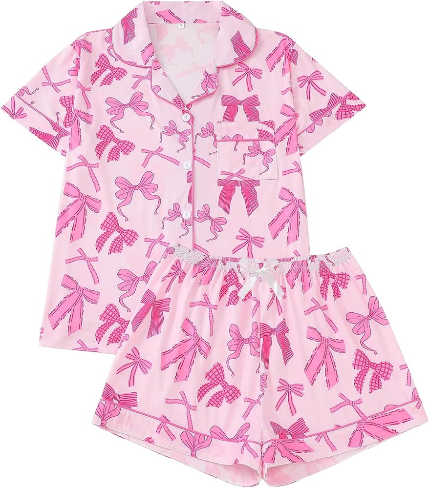 APRTEAK Women's 2 Piece Bow Pajamas Set Pink Pjs Cute Pj Set Summer Coquette Short Sleeve Button ... | Amazon (US)