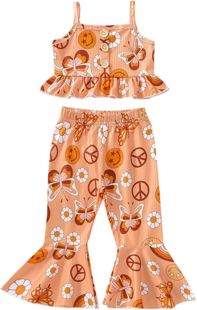 Toddler Baby Girl Flare Outfits Strap Crop Cami Top Graphic Print Bell-Buttoms Pants Trousers Sum... | Amazon (US)
