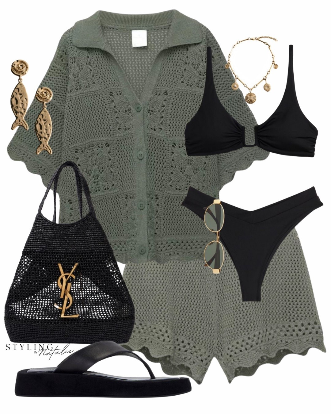 Beach outfit 🌴
Sage green crochet shirt & shorts co-ord set, black bikini with Brazilian bottoms, chunky thong sandals, gold jewellery,  Celine sunglasses & Saint Laurent beach tote bag. Beach chic, summer outfit, swimwear. 

#LTKstyletip #LTKsummer #LTKswimwear