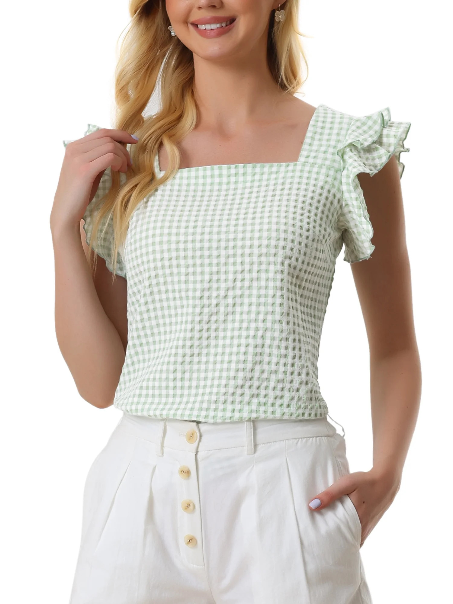 Allegra K Summer Gingham Tops for Women's Square Neck Ruffle Sleeve Blouse | Walmart (US)