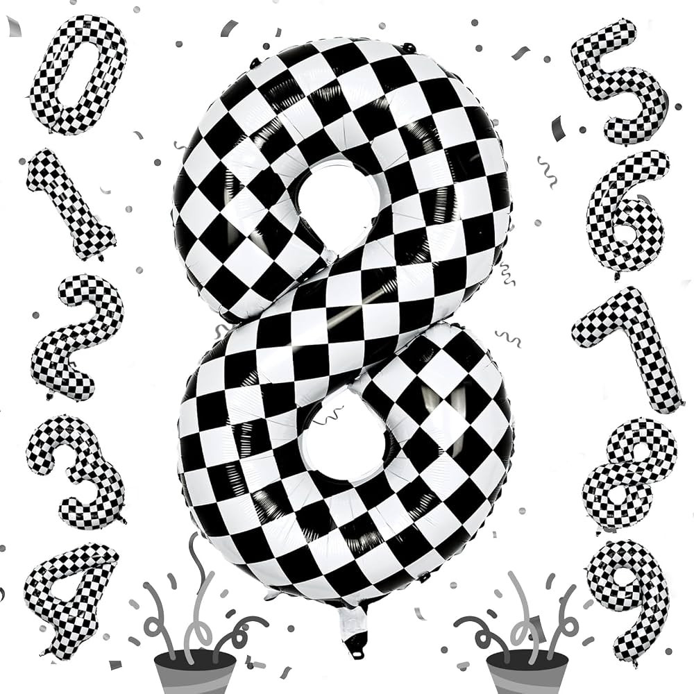 Foil 8th Birthday Number Balloon, Large Checkered Helium 8 Racing Balloons Decor, 40 Inch Self In... | Amazon (US)