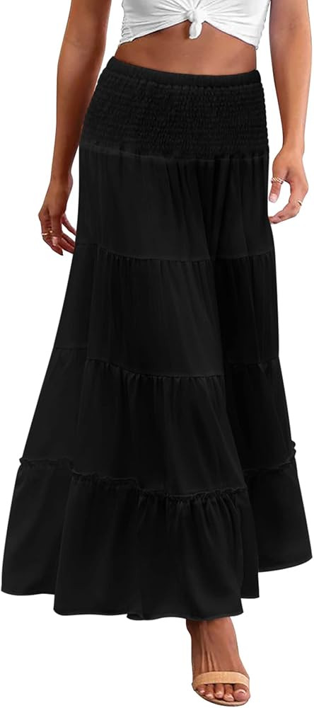 Zeagoo Women's Long Maxi Skirts Tiered Elastic High Waist Boho Double Layered Print A-Line Casual... | Amazon (US)