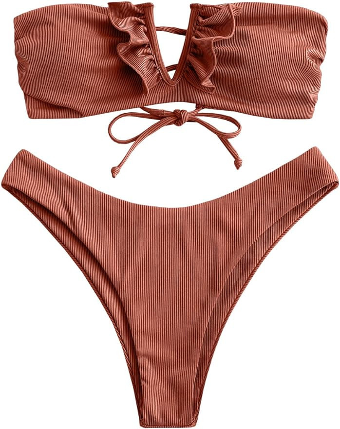 ZAFUL Women V-Wired Ruffle Ribbed Bandeau Bikini, Lace Up Bikinis Strapless Two Pieces Swimsuit | Amazon (US)