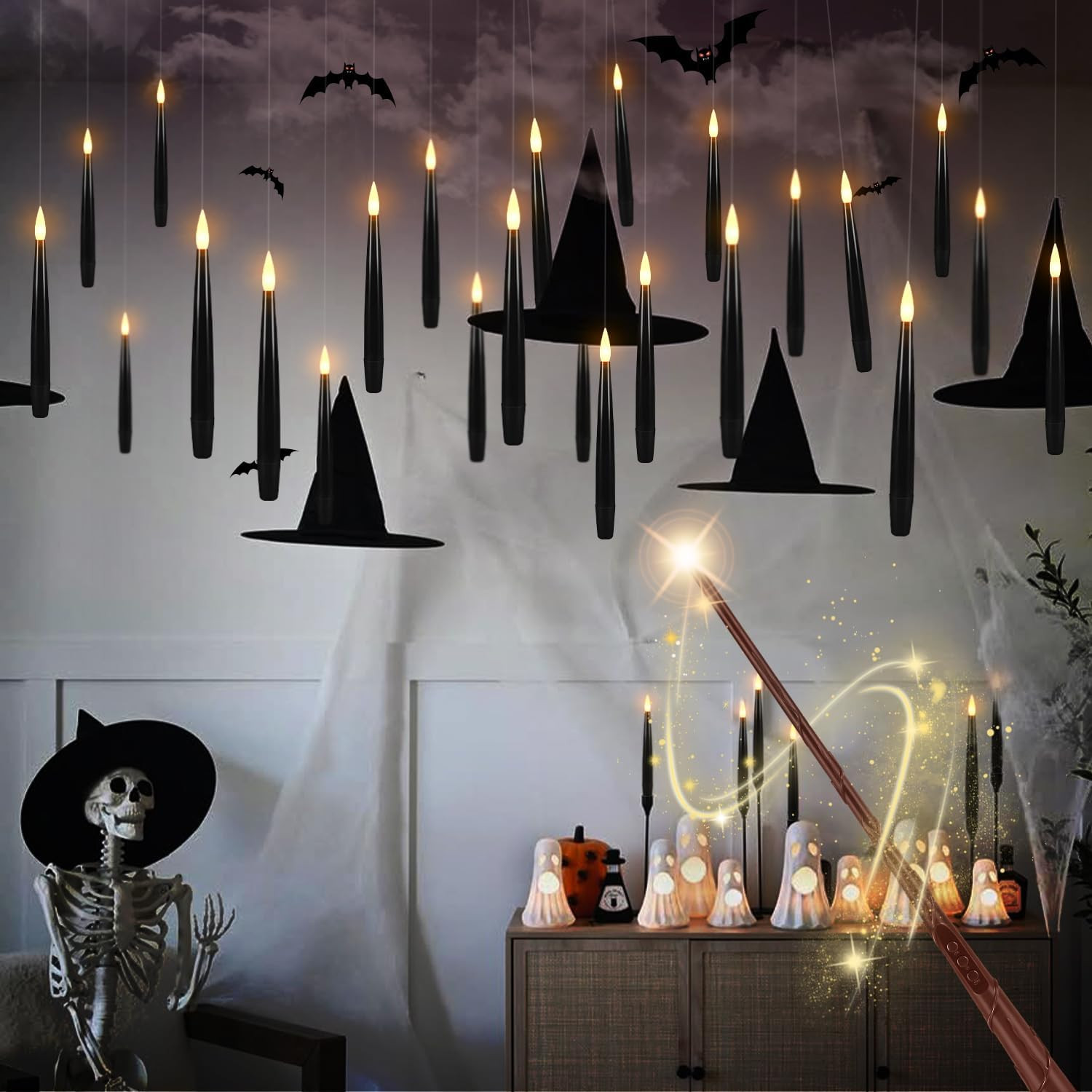 36 Pcs Black LED Magic Hanging Floating Candles, Taper Flickering Flameless with 2 Magic Wands - Candle Set for Halloween, Party | Amazon (US)