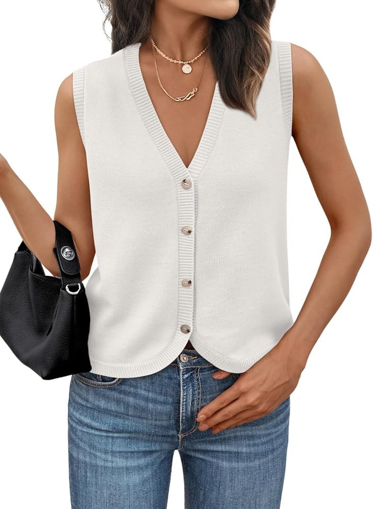 LILLUSORY Womens V Neck Button Down Sweater Vest Sleeveless Tops | Amazon (US)