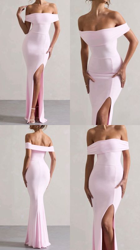 Pink dress. Pink bardot drapped split maxi dress. 
Summer, spring, date night out, brunch outfit, wedding, baby shower, special occasion. £50 . Affordable fashion.  Wardrobe staple. Timeless. Gift guide idea for her. Luxury, elegant, clean aesthetic, chic look, feminine fashion, trendy look.
Club L London outfit idea.

#LTKWedding #LTKFindsUnder50 #LTKParties