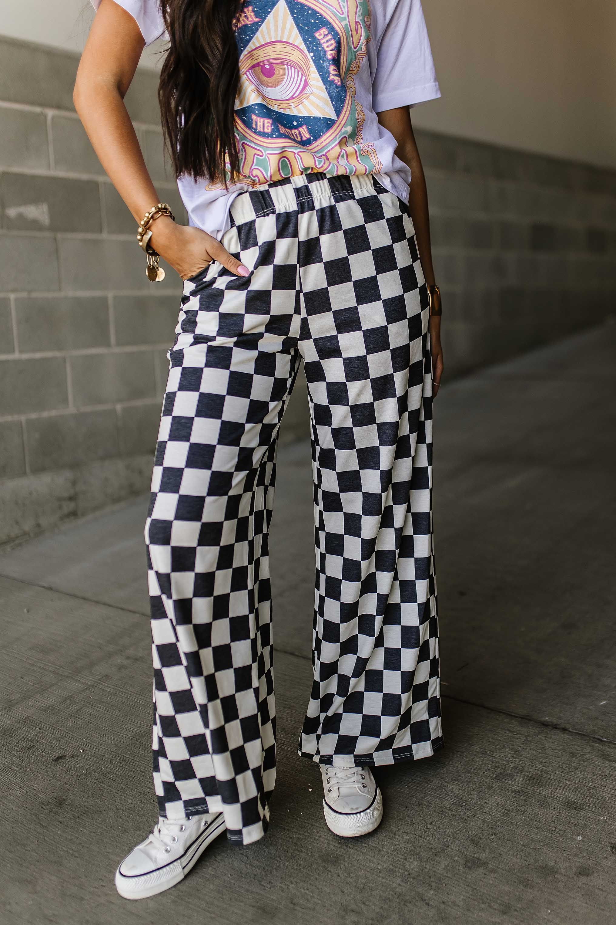 White and Navy Checked Comfy Wide Leg Pants | Checkmate Pants | Mindy Mae's Market