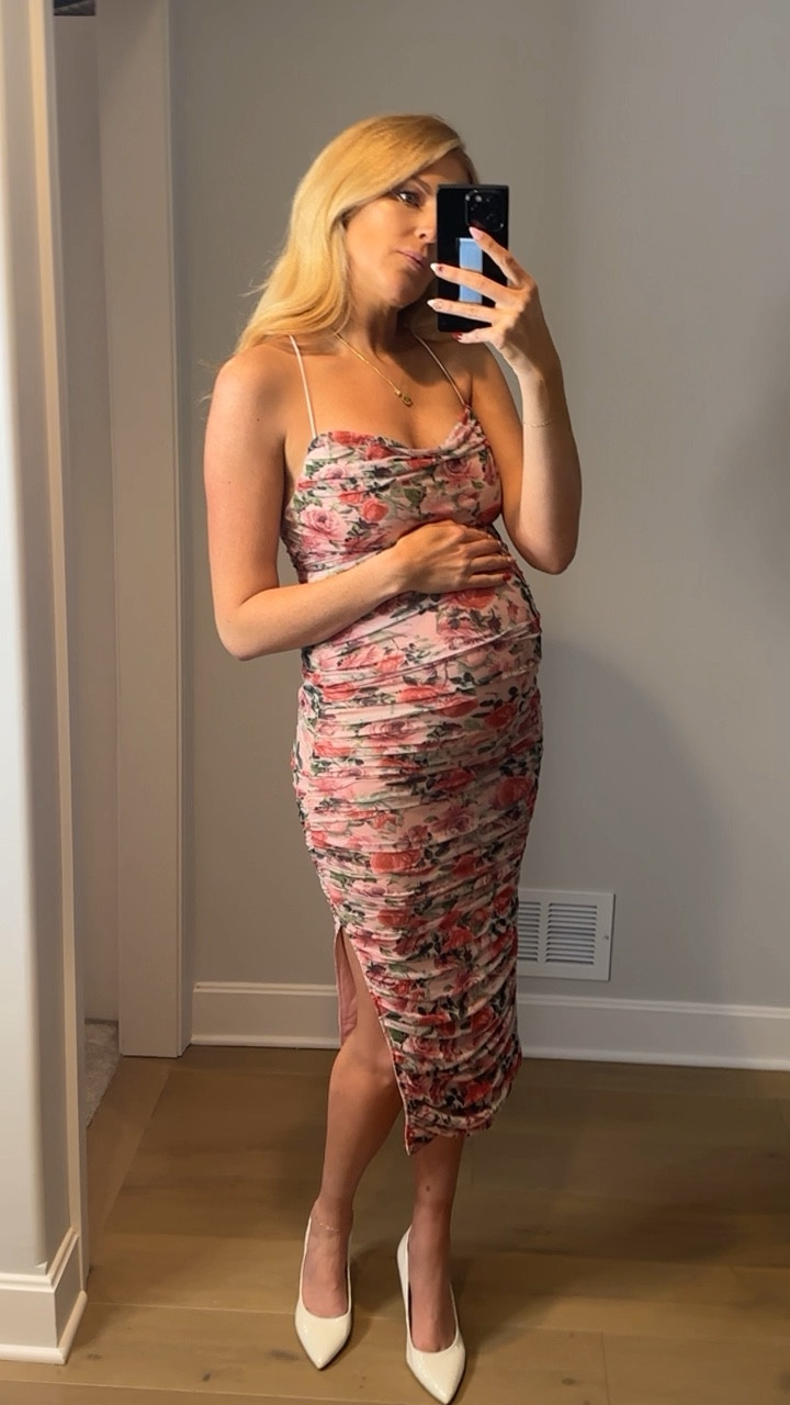 Floral maternity dress ruched maternity dress spring dress Valentine’s Day outfit 

#LTKfindsunder100 #LTKVideo #LTKbump