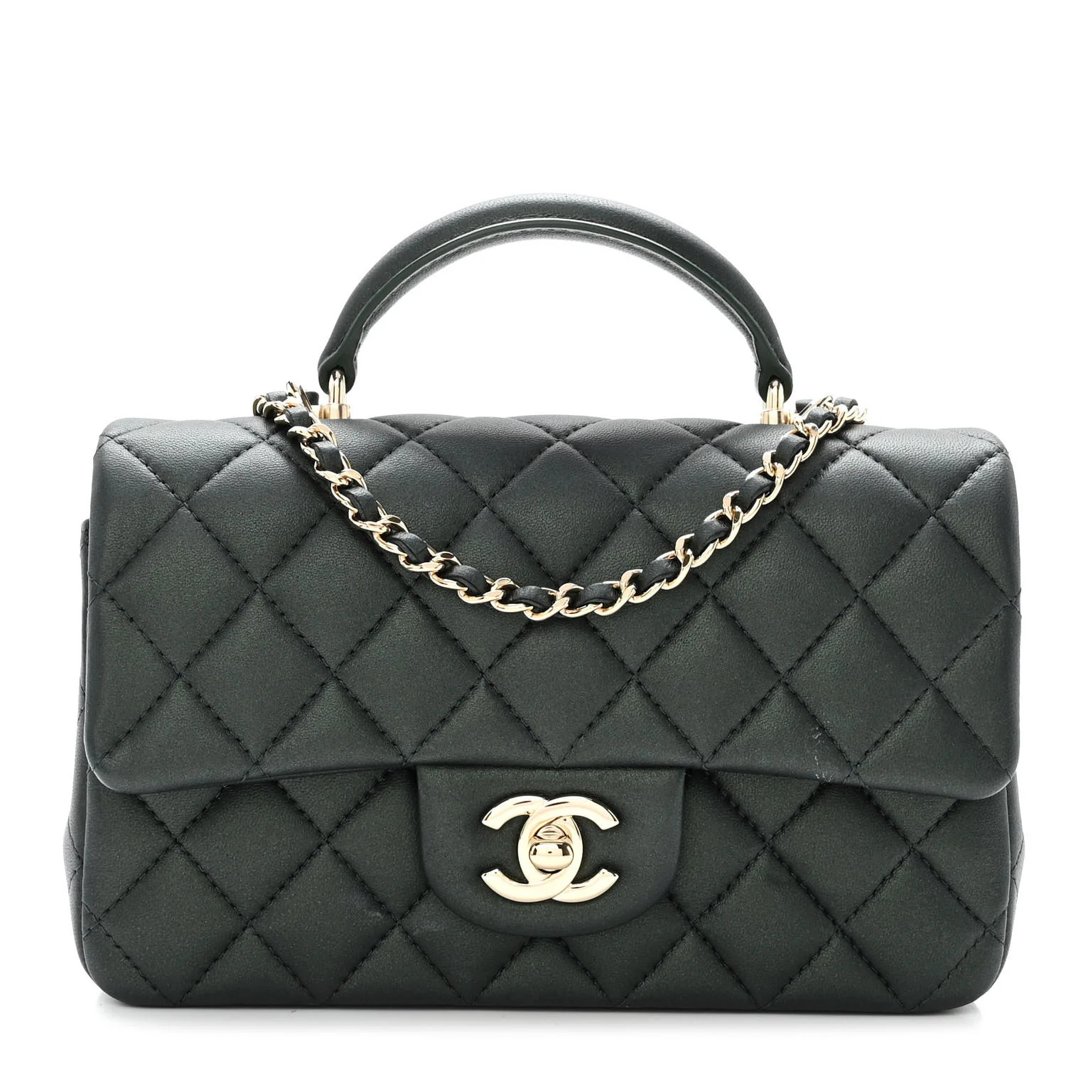 CHANEL Iridescent Lambskin Quilted Mini Top Handle Rectangular Flap Dark Green | FASHIONPHILE (US)