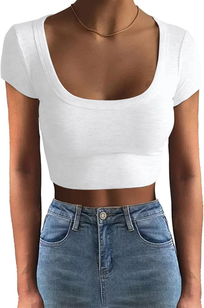 MISSACTIVER Women's Sexy Square Neck Ribbed Knit Crop Top Short Sleeve Casual Tee Solid Basic Sli... | Amazon (US)