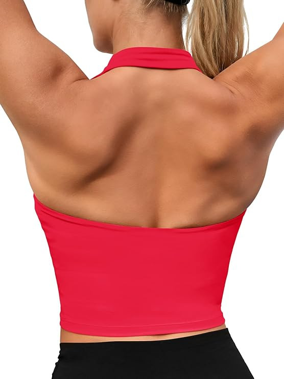 Aoysky Womens Buttery Soft Halter Workout Tank Tops with Built in Bra Cropped Padded Open Back Gy... | Amazon (US)