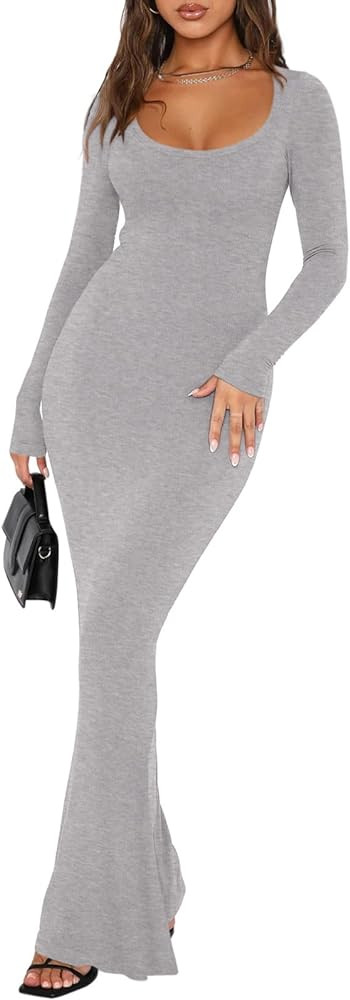 REORIA Womens Sexy Square Neck Long Sleeve Soft Lounge Long Dress Fall Casual Ribbed Bodycon Maxi... | Amazon (US)