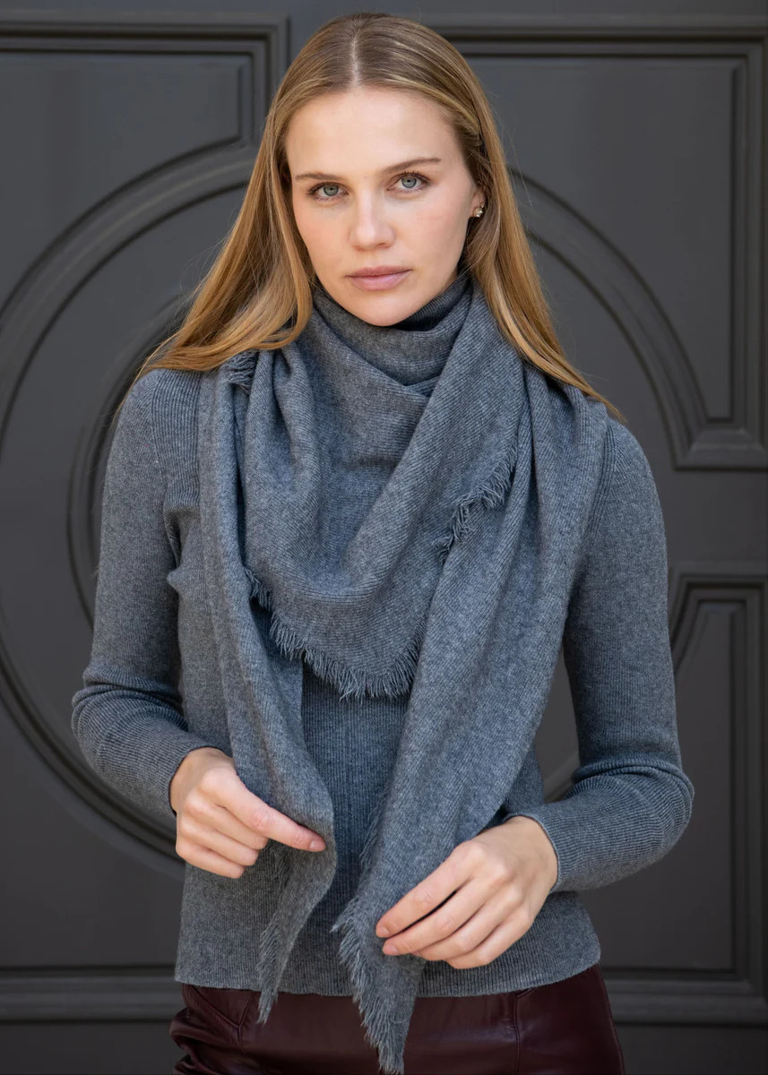 Daniella Turtleneck Sweater and Fringe Triangle Scarf - Grey | Benaar La