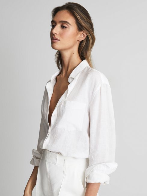 Reiss White Campbell Linen Long Sleeve Shirt | Reiss UK