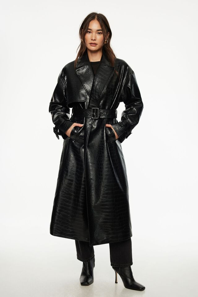 Crocodile Faux Leather Military Trench Coat | Dynamite Clothing