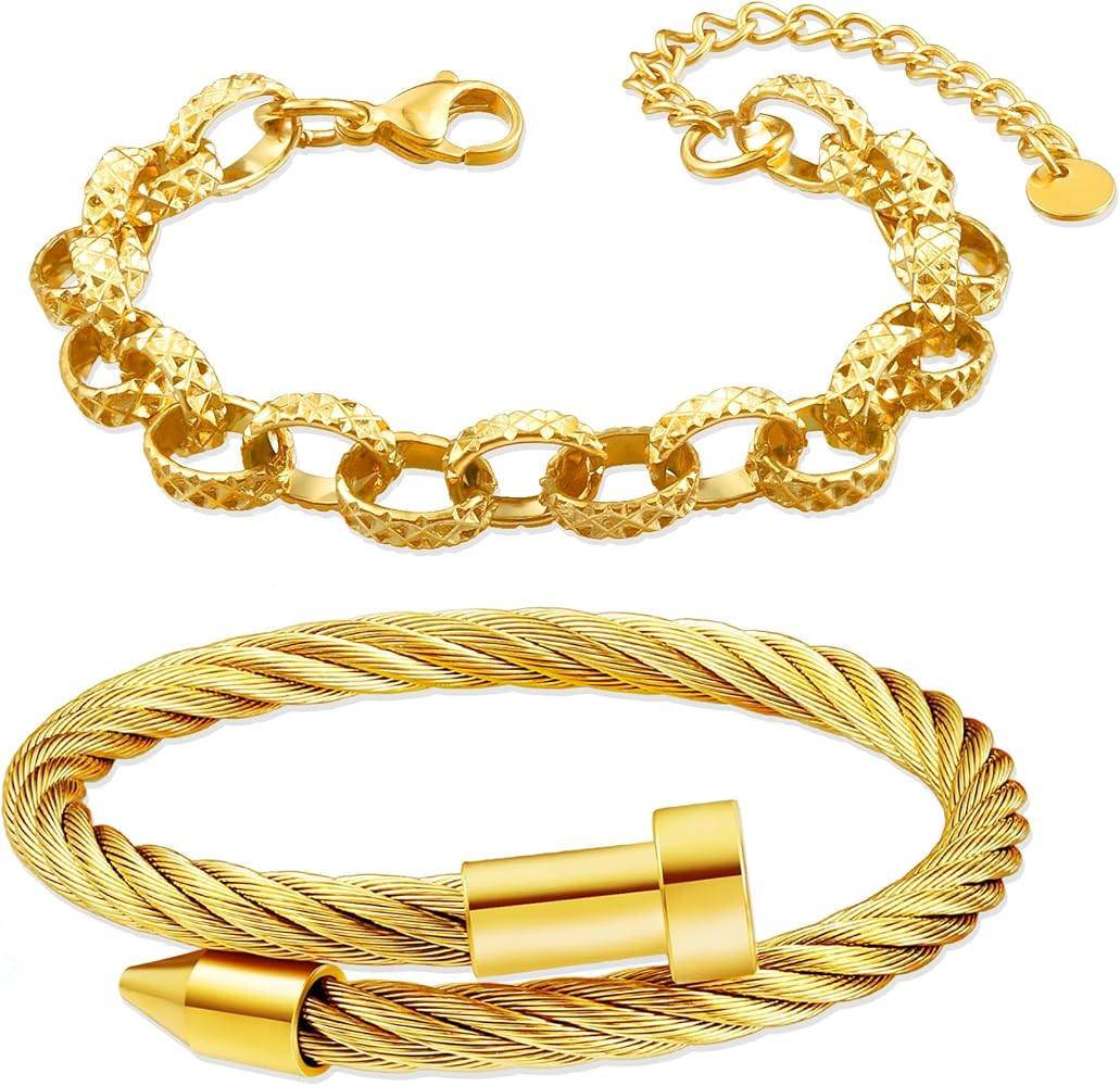 18K Gold Plated Nail Bracelet Set, Adjustable Stackable Bangles for Women, Trendy Jewelry Hand Ch... | Amazon (US)