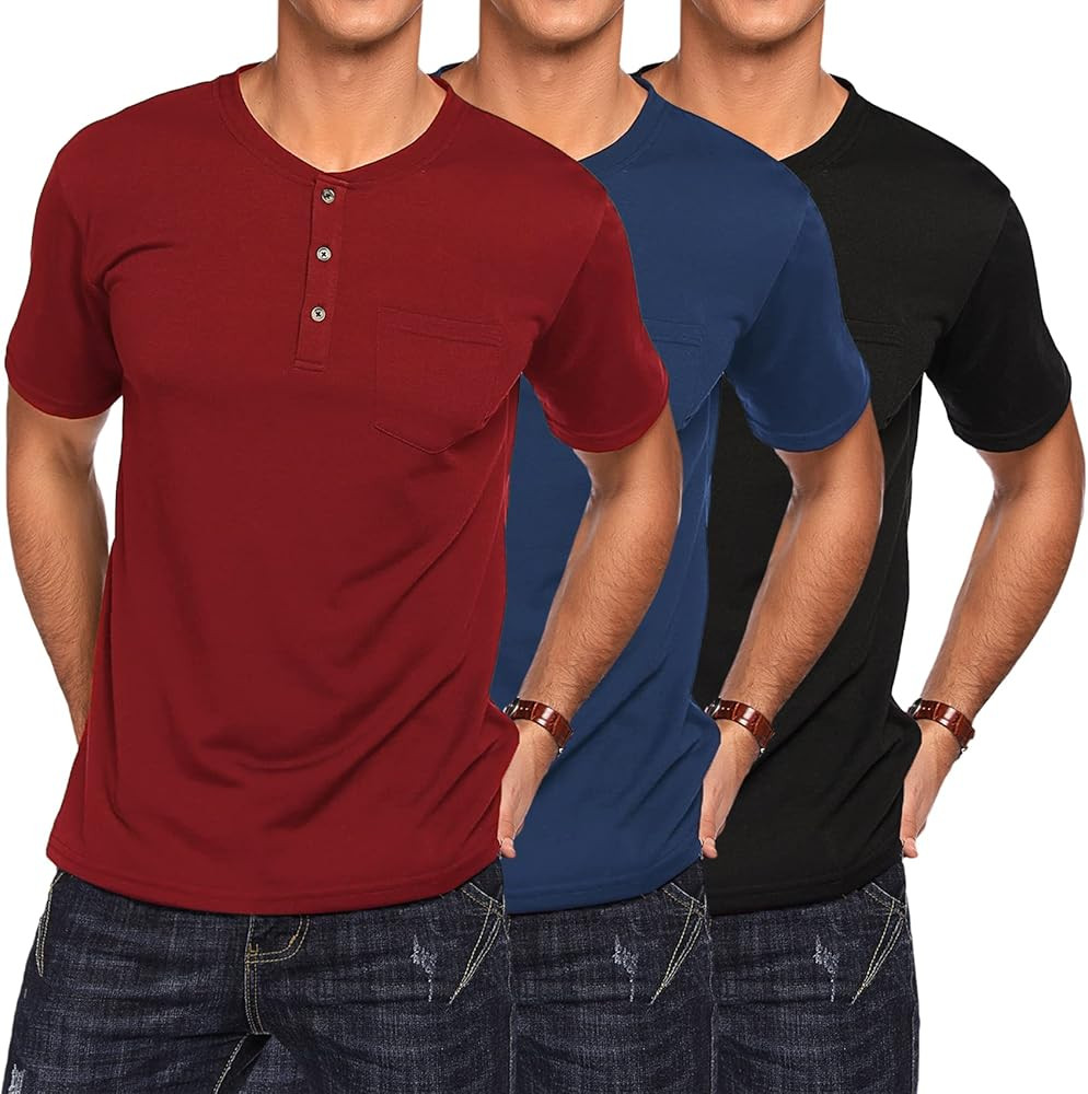 COOFANDY Men's 3Pack Henley Shirts Short Sleeve Casual Basic Summer Solid T Shirts with Pocket | Amazon (US)
