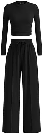 PRETTYGARDEN Women's 2 Piece Sets 2026 Fall Long Sleeve Crop Tops Wide Leg Pants Matching Outfit ... | Amazon (US)