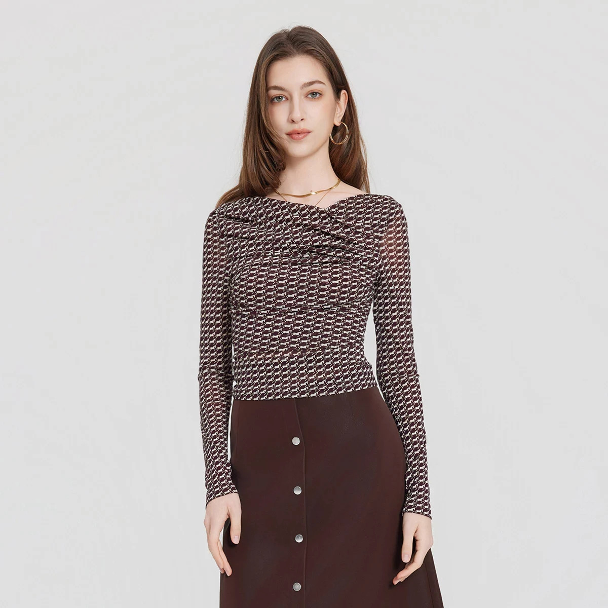 Women's Long Sleeve Off the Shoulder Wrap Top - A New Day™ Brown Houndstooth XXL | Target