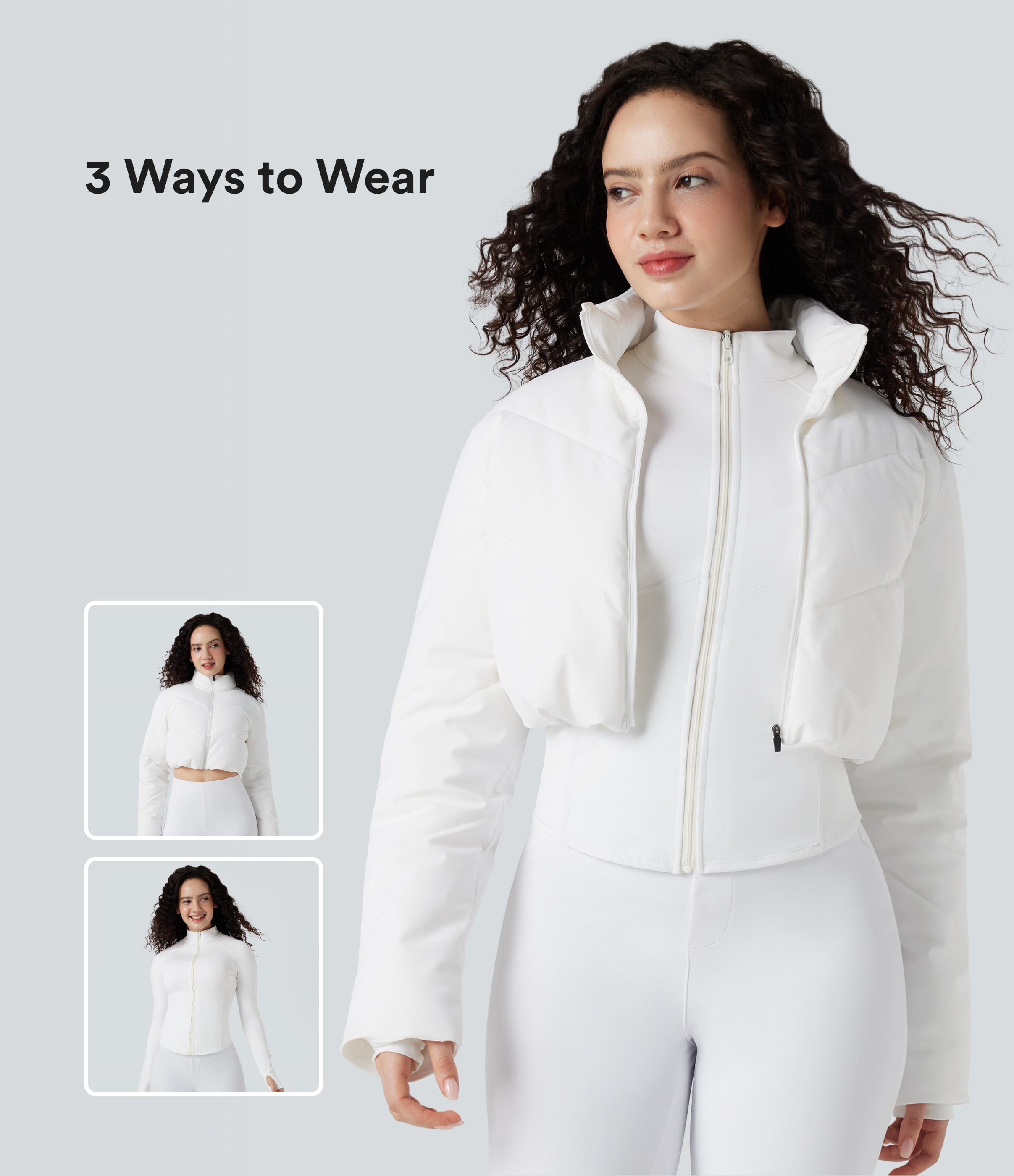 Women’s 3-in-1 Stand Collar Casual Cropped Puffer Coat & Thumb Holes Curved Hem Jacket with Poc... | HALARA