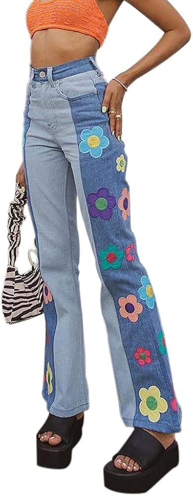 Abendedian Women's Pants High-Waist Trousers Pink Heart Print Wide Leg Long Denim Jeans Zipper Ca... | Amazon (US)