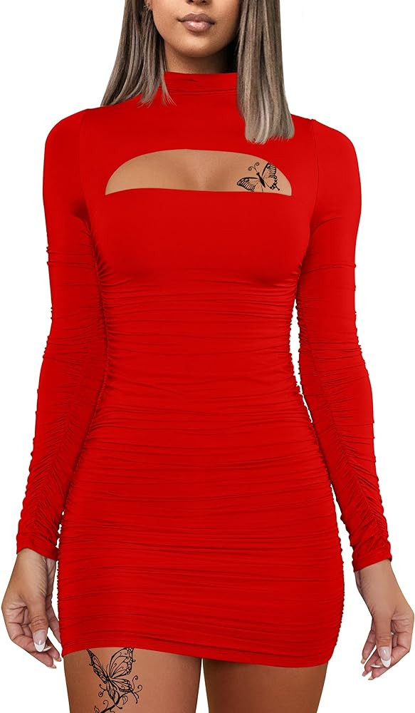 DAAWENXI Women's Sexy Long Sleeve Cut Out Bodycon Ruched Party Club Mini Dress | Amazon (US)