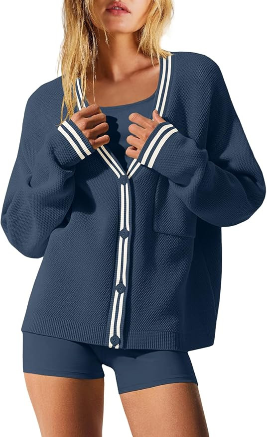 Nirovien Womens Oversized Cardigan Sweaters Button Down Knit Fall Sweater Long Sleeve Striped Coa... | Amazon (US)