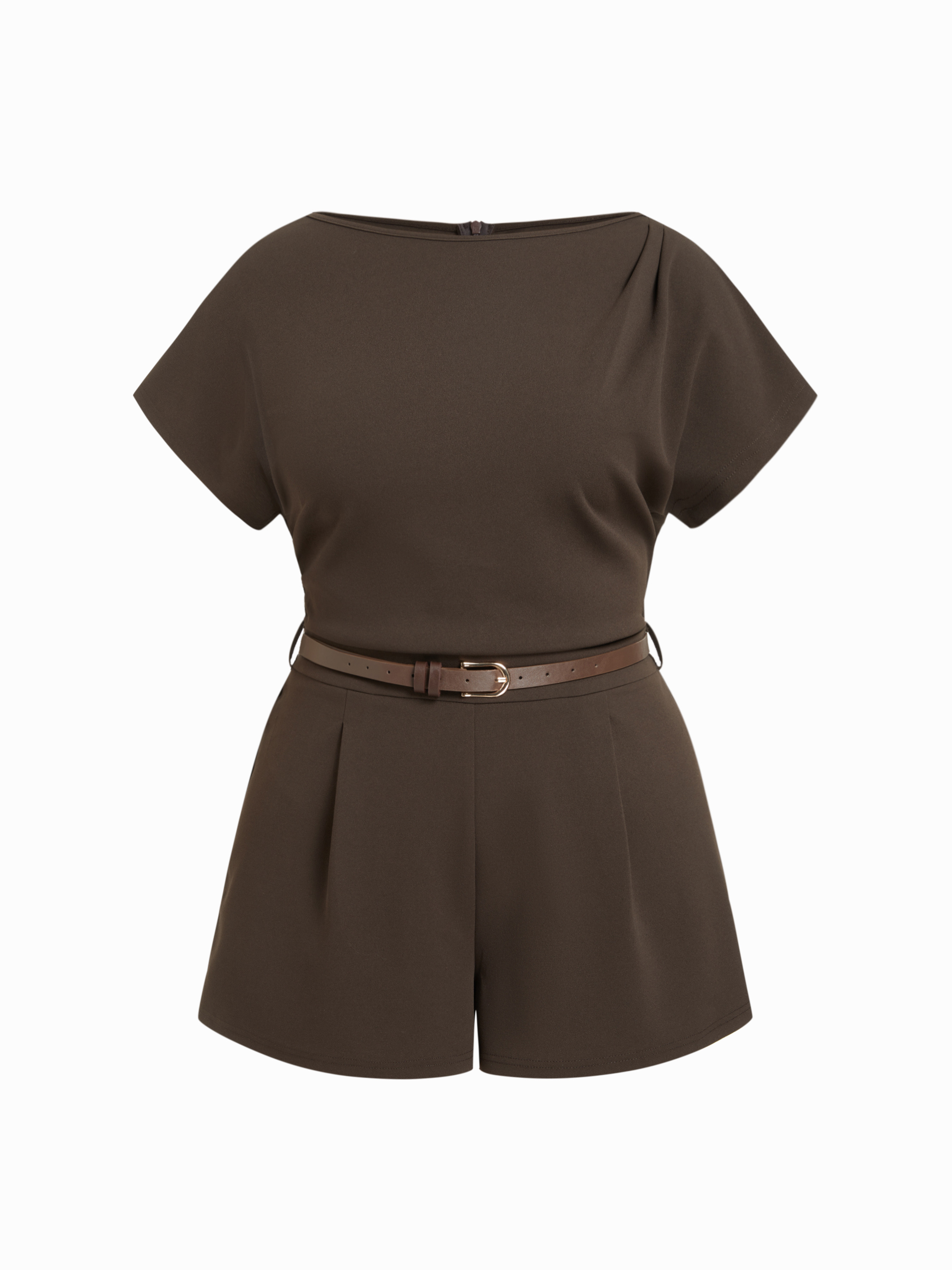 Knit Fabric Stand Collar Romper With Belt Curve & Plus For Daily Casual Work | Cider