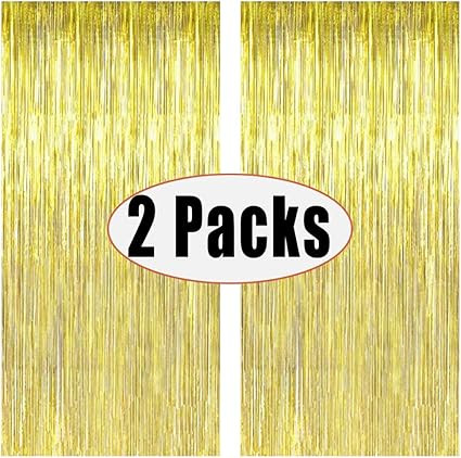 FECEDY 2pcs 3ft x 8.3ft Gold Metallic Tinsel Foil Fringe Curtains Photo Booth Props for Birthday ... | Amazon (US)