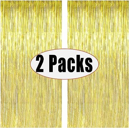 FECEDY 2pcs 3ft x 8.3ft Gold Metallic Tinsel Foil Fringe Curtains Photo Booth Props for Birthday ... | Amazon (US)