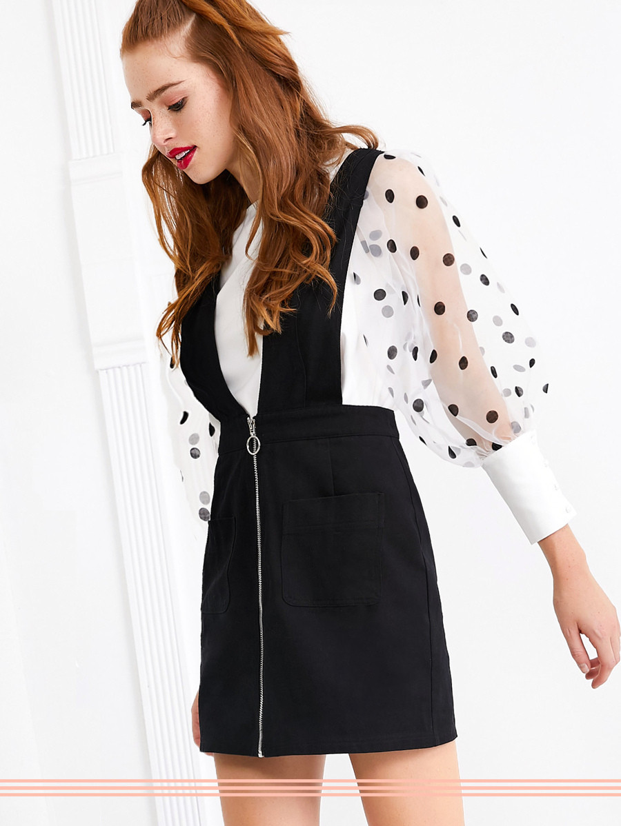 SHEIN O-ring Zip Up Pocket Patched Pinafore Dress | SHEIN