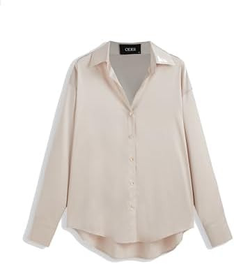 CIDER Satin Collar Solid Button Long Sleeve Blouse | Amazon (US)