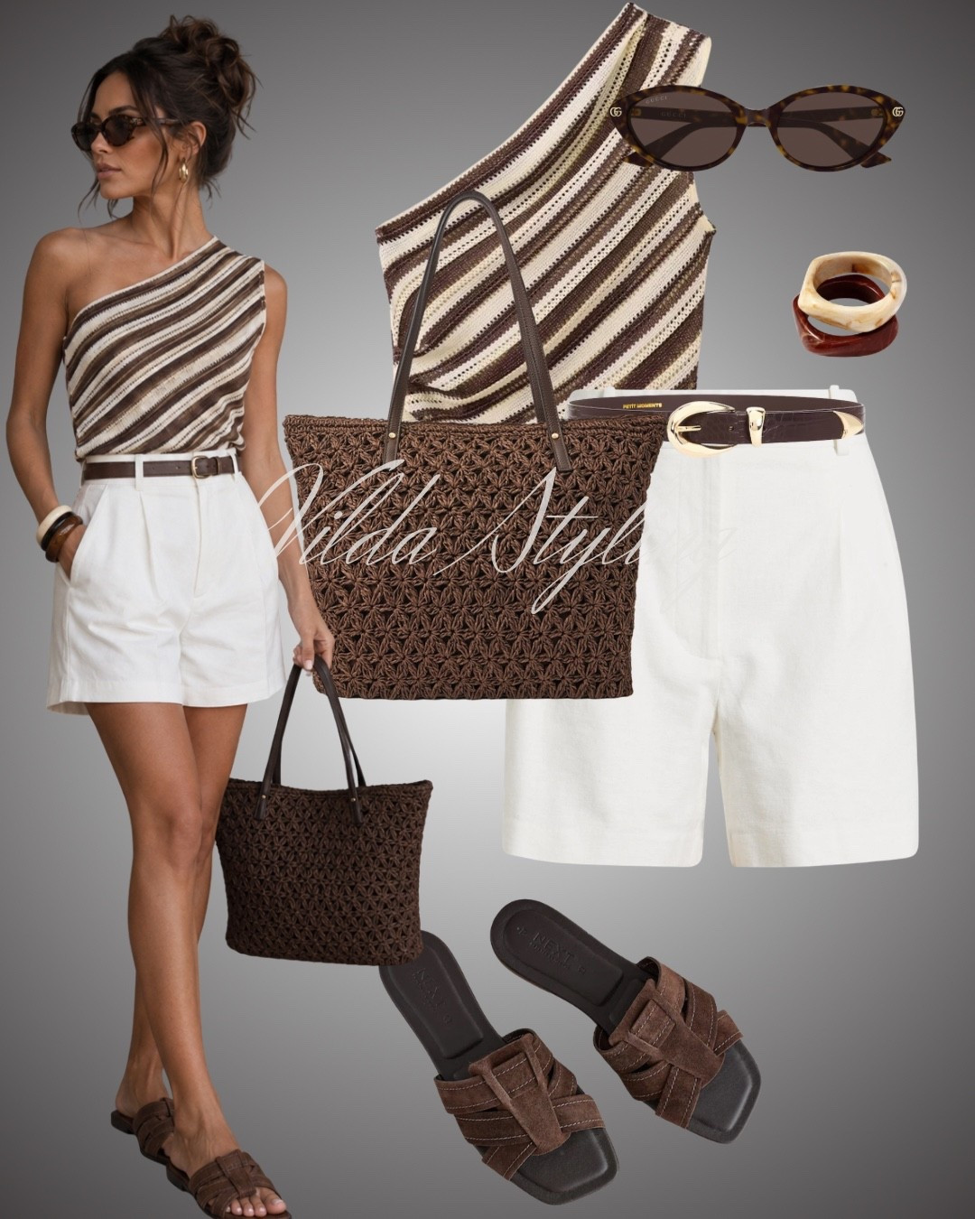 •Striped One-Shoulder Top: Elevates the look with a modern, asymmetrical touch.
 •Tailored White Shorts: A crisp, essential base for summer styling.
 •Crochet Tote Bag: Adds essential texture and a relaxed vibe.
 •Suede Slide Sandals: Perfectly comfortable for all-day wear.
 •Brown Leather Belt & Stacked Bangles: The finishing details that tie the neutral palette together.
#SummerOutfits #NeutralStyle #SummerEssentials #OOTD #CapsuleWardrobe #VildaStyling

#LTKsummer #LTKstyletip #LTKeurope