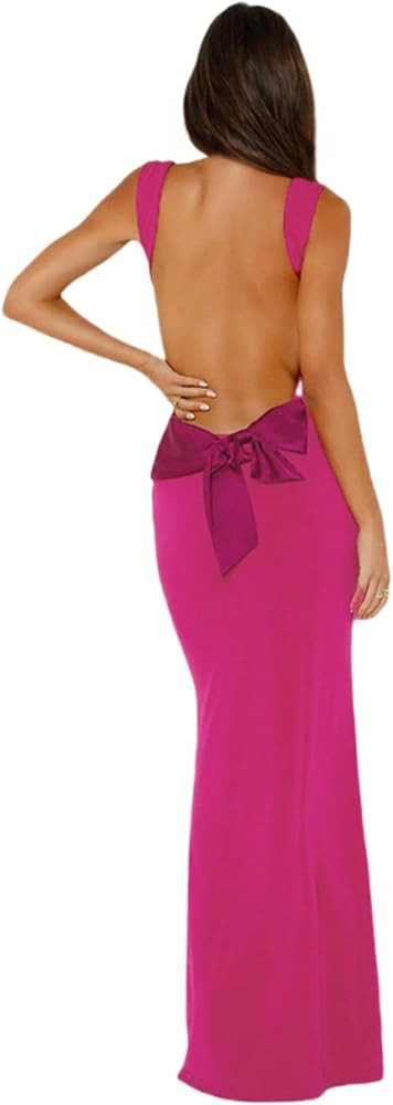 Amazon.com: Women's Sexy Backless Maxi Dress with Satin Bow on Back Elegant Cowl Neck Wedding Gue... | Amazon (US)