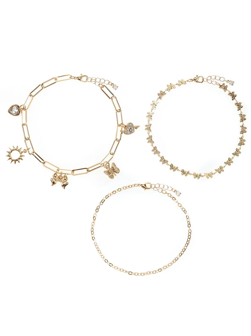 No Boundaries Women's Gold Charm Anklet Set, 3 Pieces | Walmart (US)
