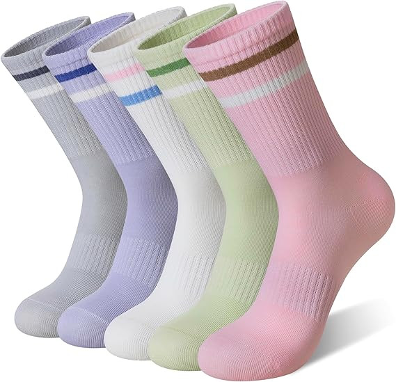 SeeyAN Womens Crew Socks Athletic Casual Cotton Long Socks Stripe Sport High Socks 5 Pairs | Amazon (US)