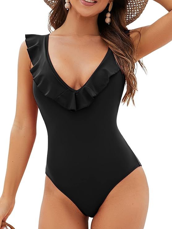 ZAFUL Women's One Piece Swimsuits Tummy Control Bathing Suits V Neck Ruffle Swimwear Lace Up Mono... | Amazon (US)
