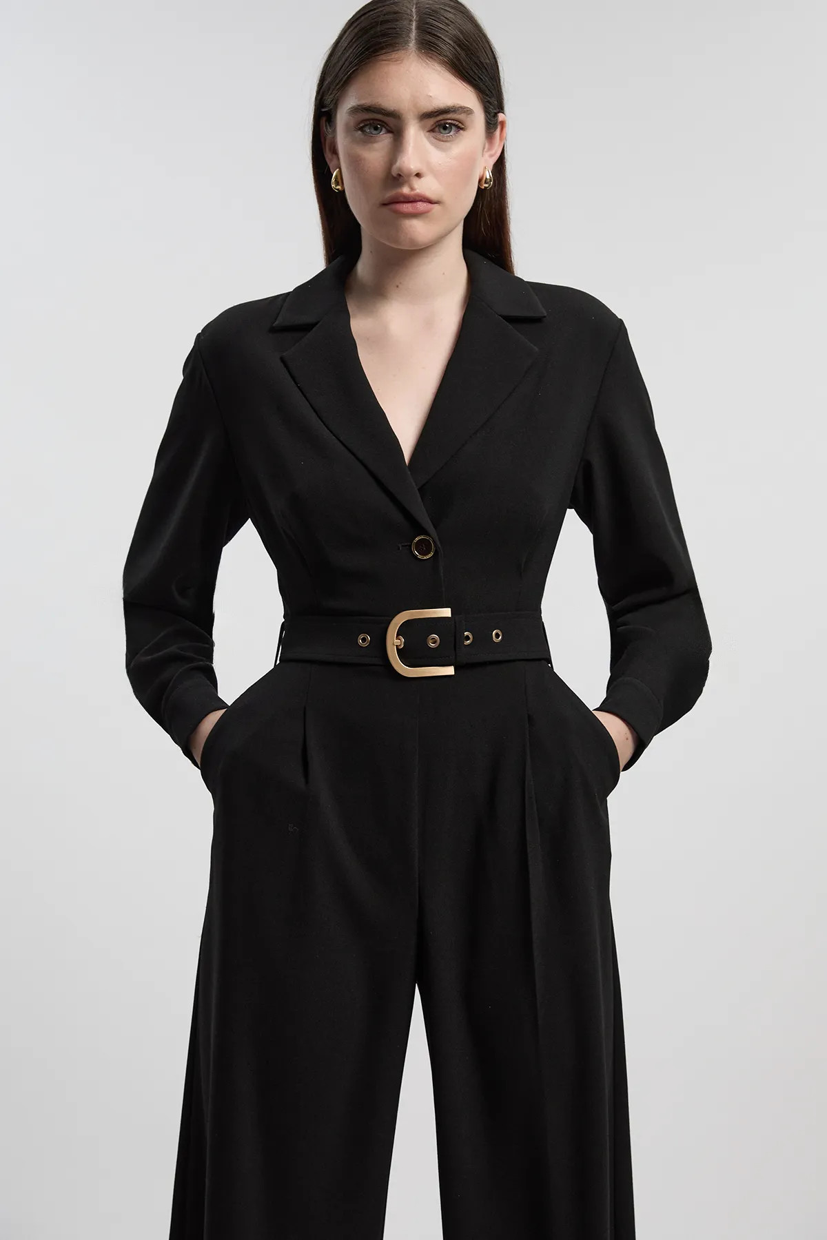 Black Petite Tailored Crepe Belted Wide Leg Jumpsuit | Karen Millen USA | Karen Millen