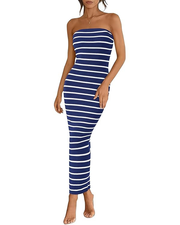 BTFBM Casual Women's Summer Dresses Bodycon Maxi Tube Striped Dress Ribbed Knit Strapless Back Sl... | Amazon (US)