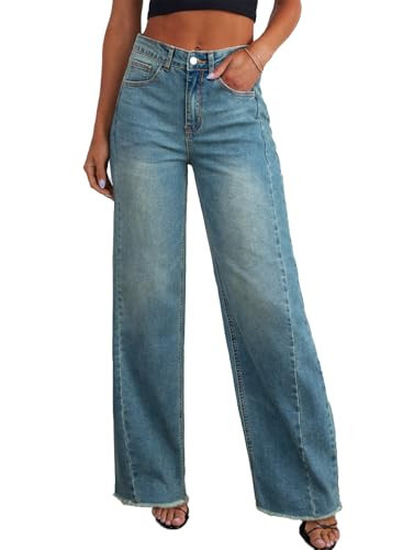 Sidefeel Women's Wide Leg Jeans High Waisted Stretchy Raw Hem Denim Pants Size 2 Light Retro Blue | Amazon (US)