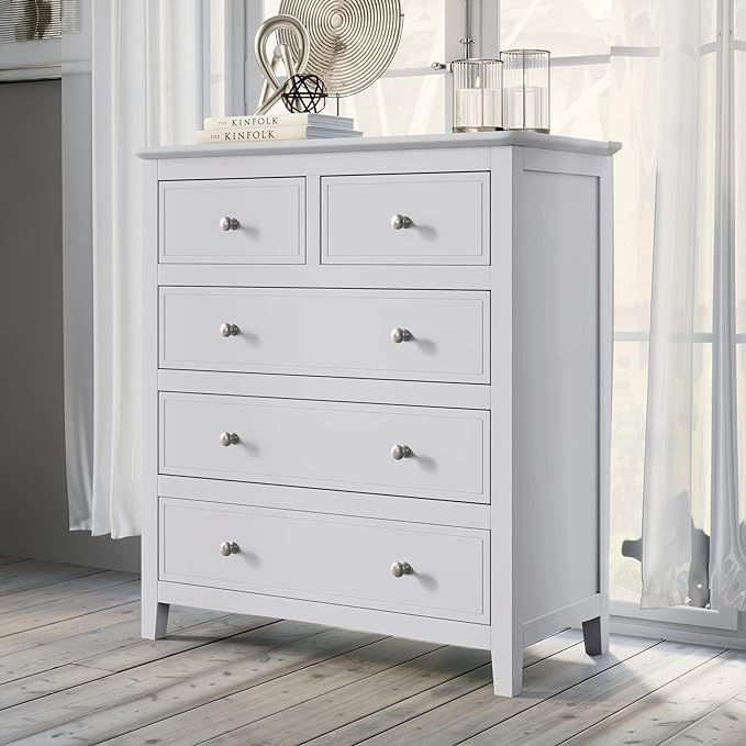 Modern Dresser Chest of Drawer, 5 Drawer Double Dresser with Silver Round Handles, Fully Assemble... | Amazon (US)