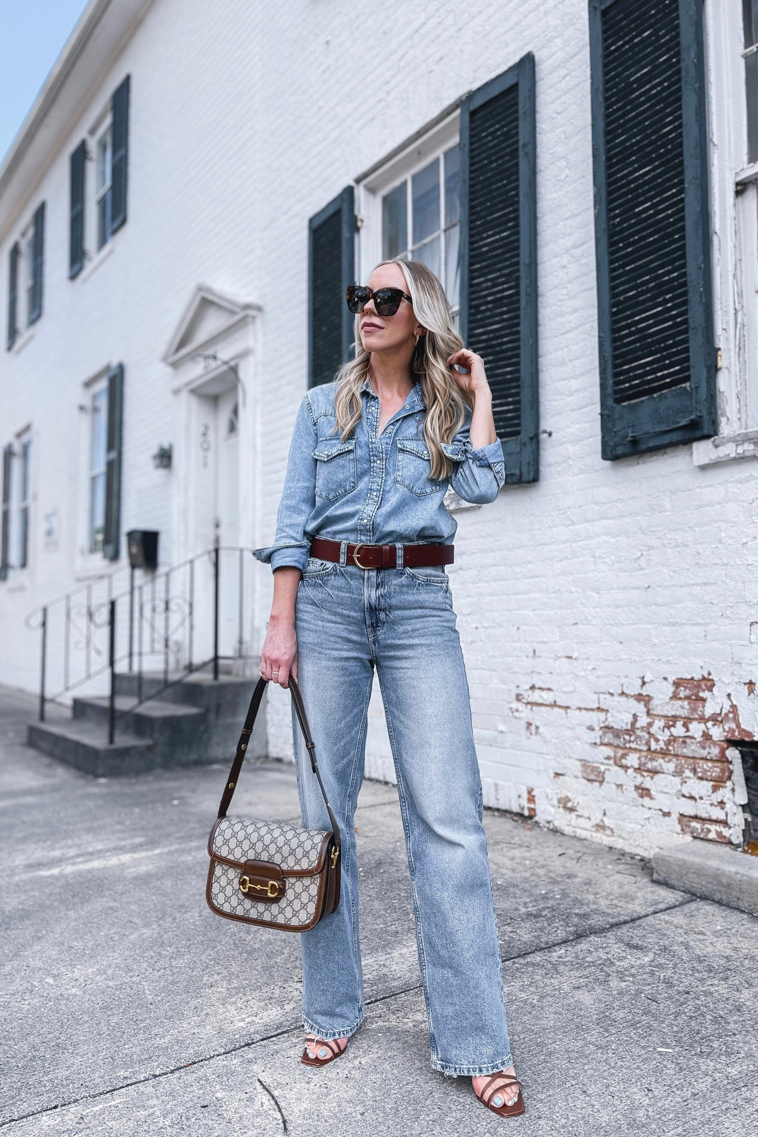All denim outfit, fall outfit, western denim shirt, Gucci bag, wide leg jeans (under $30)

#LTKstyletip #LTKitbag #LTKfindsunder50