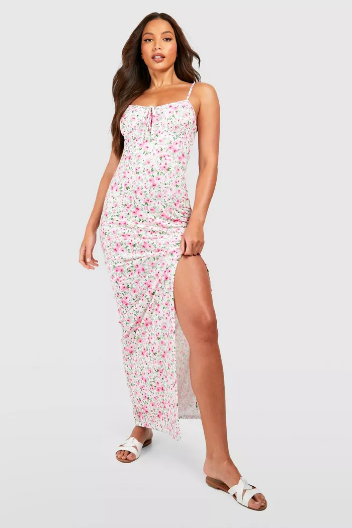 Tall Floral Tie Front Split Side Maxi Dress | boohoo (US & Canada)