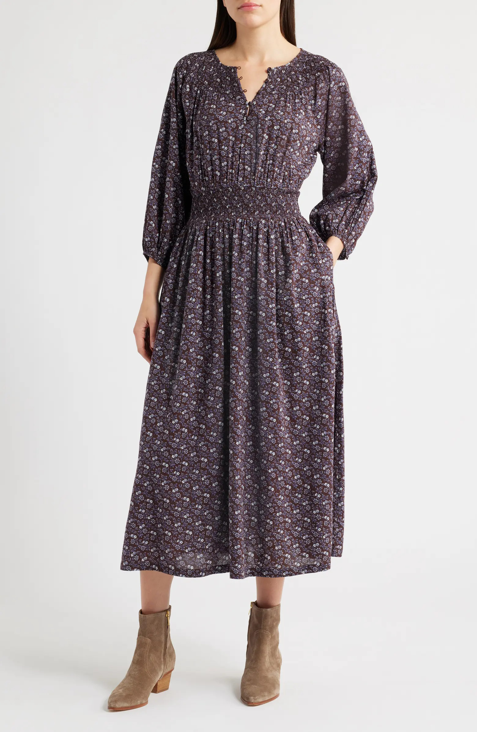 Madewell Shirred Splitneck Floral Midi Dress | Nordstromrack | Nordstrom Rack