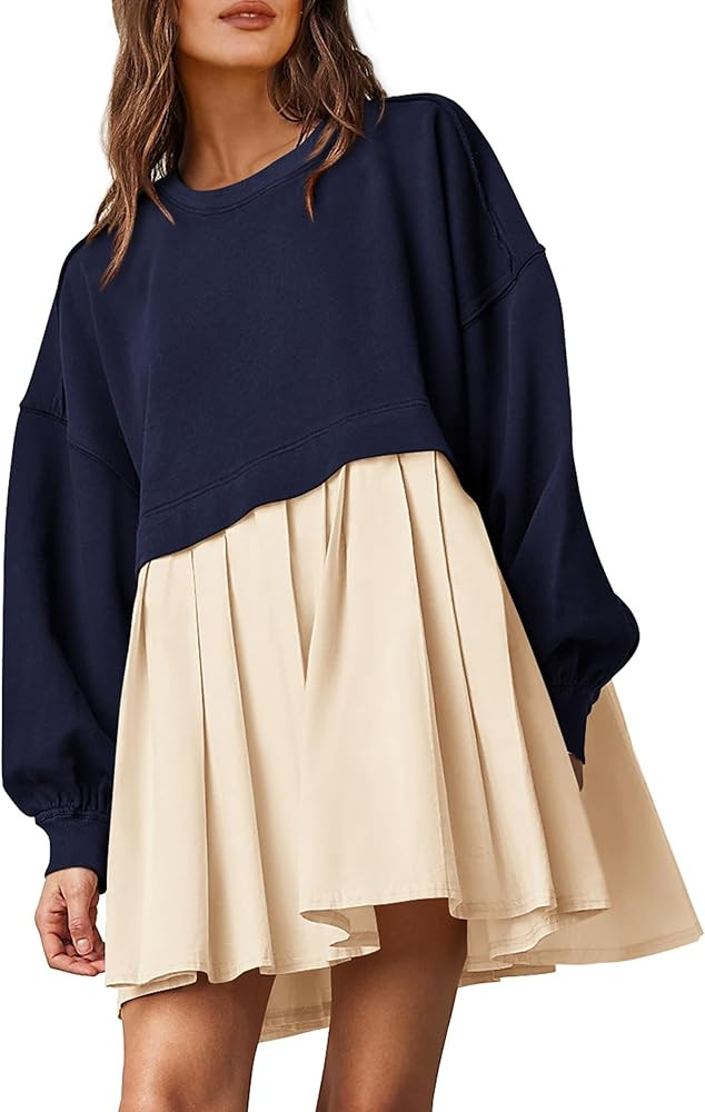 PRETTYGARDEN Women's Casual Sweatshirt Dress Long Sleeve Patchwork Pullover Tops Pleated Mini Dre... | Amazon (US)