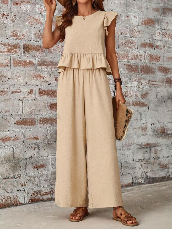 SHEIN LUNE Khaki Round Neck Ruffle Hem Top+Pants Two Piece Set | SHEIN