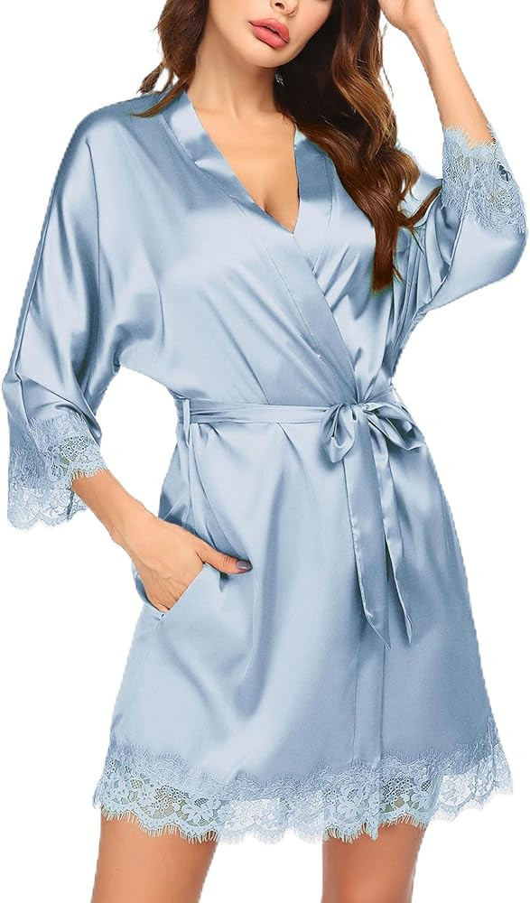 Ekouaer Womens Silk Robe Short Lace Trim Satin Robe 3/4 Sleeve Sexy Kimono Bride Bathrobe Comfy S... | Amazon (US)