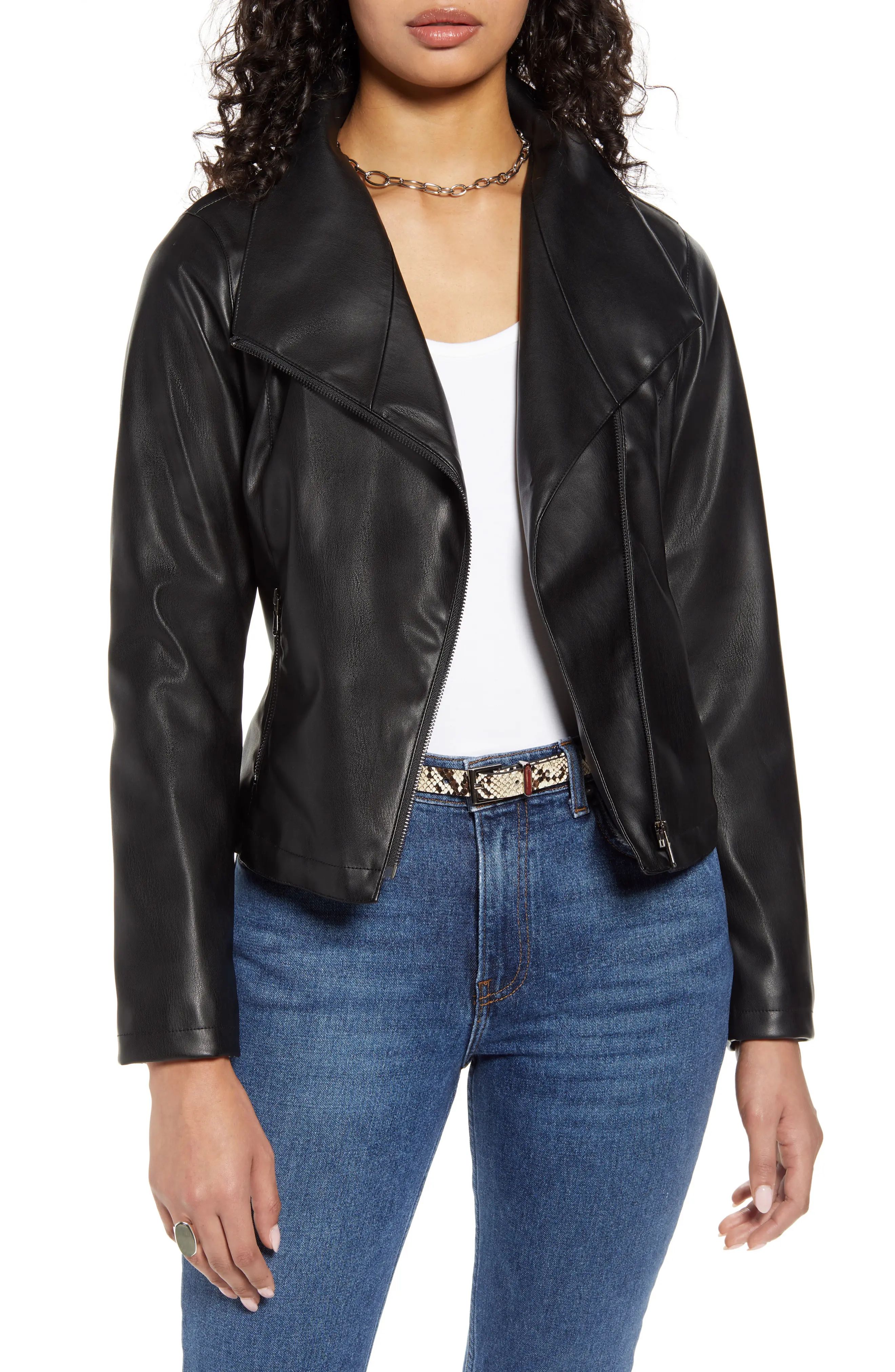 Women's Halogen Drape Collar Faux Leather Jacket, Size XX-Large - Black | Nordstrom