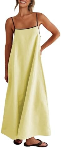 Shy Velvet Women's 2025 Summer Linen Maxi Dress Contrast Spaghetti Strap Dress Backless Sleeveles... | Amazon (US)