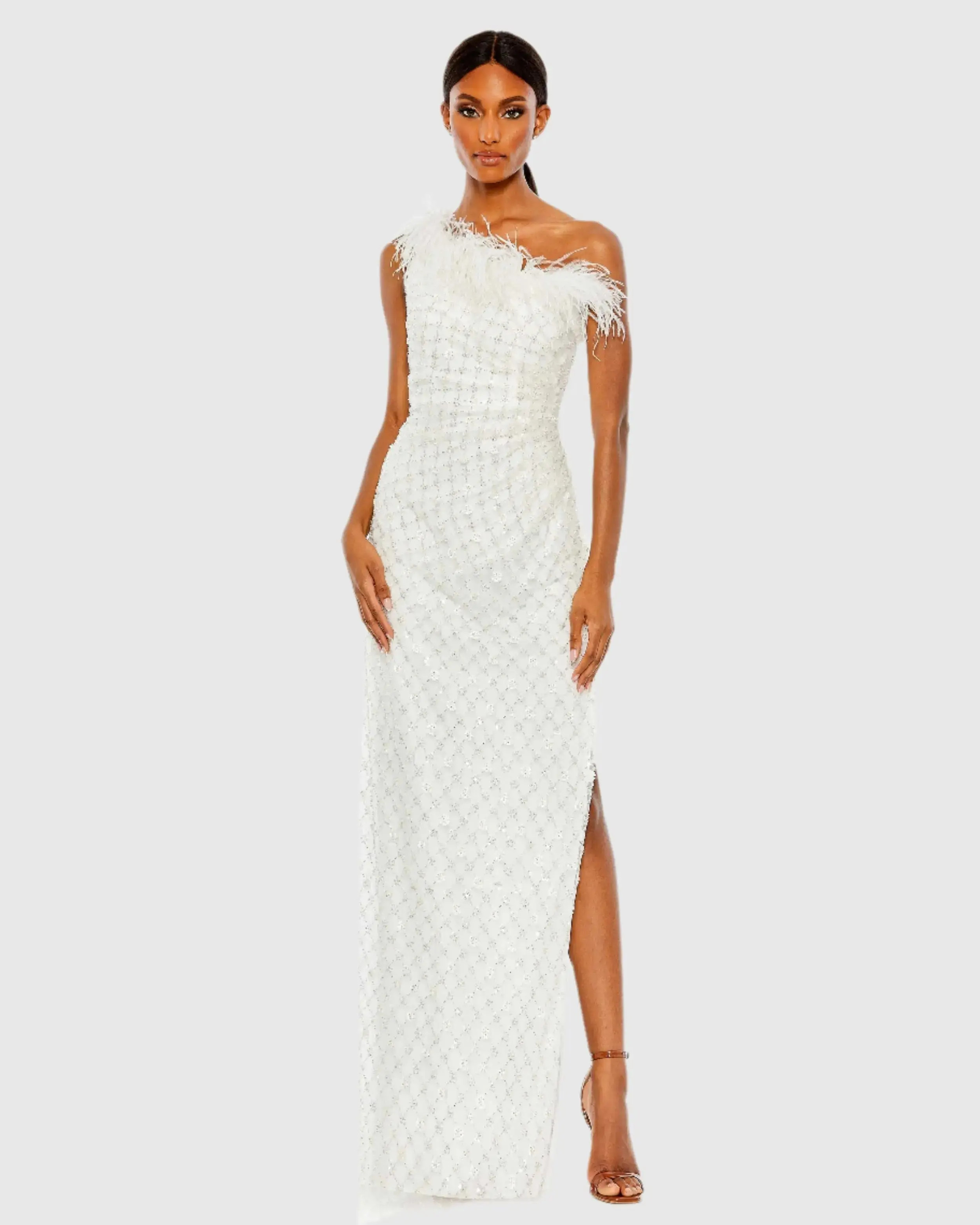 White Embellished One Shoulder Gown w/ Ostrich Feathers - Mac Duggal | Mac Duggal